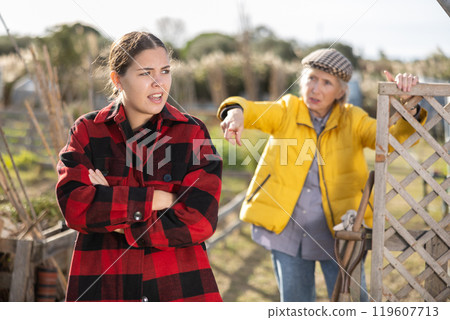 Conflict between female neighbors in country farm 119607713