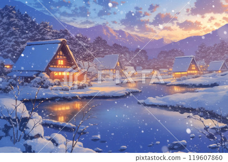 Snow scene in a rural town 119607860