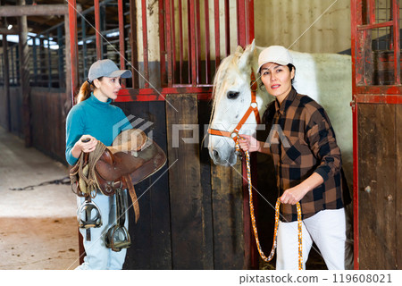 Asian woman leads white horse out of the stall. Another woman carries saddle for horse Asian woman leads white horse out of the stall. Another woman carries saddle for horse 119608021