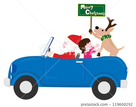 Santa Claus and reindeer celebrating Christmas in a car. Santa Claus and reindeer celebrating Christmas in a car. 119608292