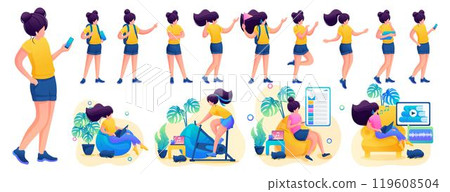 Young girl in various poses and actions, communication, work, training. 2D flat character vector illustration N9 119608504