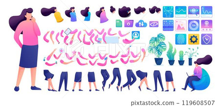 Constructor for creating a Young Girl N1. Create your own character with a Set of hands and feet. Flat 2D characters 119608507