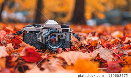 Vintage camera on the leaves at Fall Autumn season 119608575