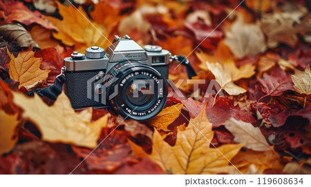 Vintage camera on the leaves at Fall Autumn season 119608634