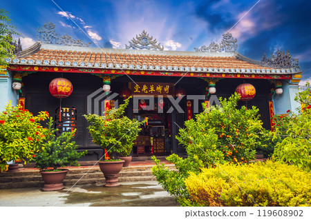 Beautiful Asian Buddhist temple on Vietnamese pagoda in old town in Hoi An in Vietnam in Asia in summer Beautiful Asian Buddhist temple on Vietnamese pagoda in old town in Hoi An in Vietnam in Asia in summer 119608902