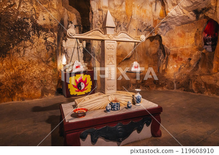interior of Vietnamese sacred Buddhist temple inside Am Phu Cave in the Marble Mountains in Da Nang in Vietnam in Asia interior of Vietnamese sacred Buddhist temple inside Am Phu Cave in the Marble Mountains in Da Nang in Vietnam in Asia 119608910