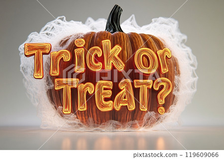 Halloween ghost and pumpkin text Trick or Treat ? 3D flat illustration typography 119609066