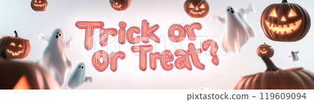 Halloween ghost and pumpkin text Trick or Treat ? 3D flat illustration typography 119609094