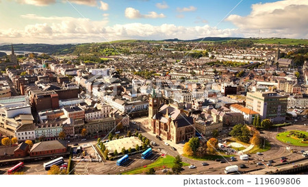 City of Derry aka Londonderry in Northern Ireland aerial view - A Dramatic Cityscape by the River City of Derry aka Londonderry in Northern Ireland aerial view - A Dramatic Cityscape by the River 119609806