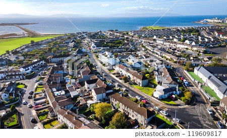 City of Galway Ireland aerial view over the Claddagh district - Vibrantly Colorful Coastal Houses 119609817
