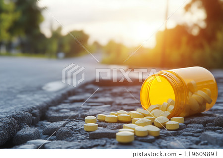 Yellow Pills Spilled from a Bottle on the Ground Yellow Pills Spilled from a Bottle on the Ground 119609891