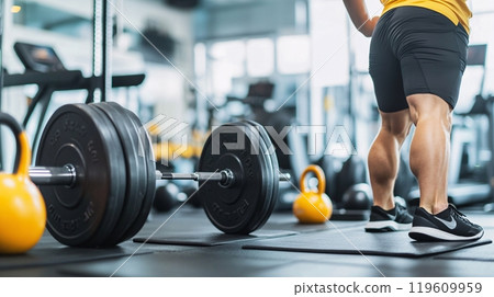 Strength training by exercise with equipment and machine. Cardiovascular health concept Strength training by exercise with equipment and machine. Cardiovascular health concept 119609959