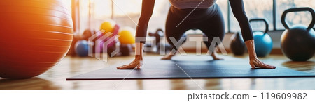 Strength training by exercise with equipment and machine. Cardiovascular health concept Strength training by exercise with equipment and machine. Cardiovascular health concept 119609982