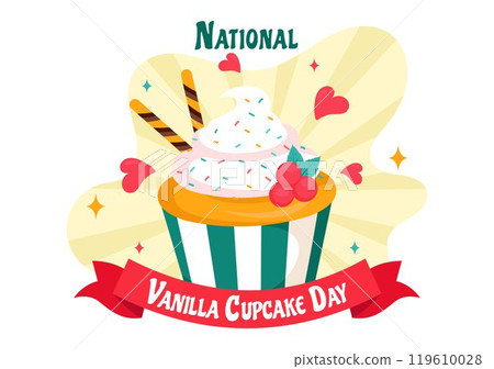 National Vanilla Cupcake Day Vector Illustration on November 10 featuring Cupcakes Topped with Sprinkle, Strawberry and Vanilla Cream in a Background 119610028