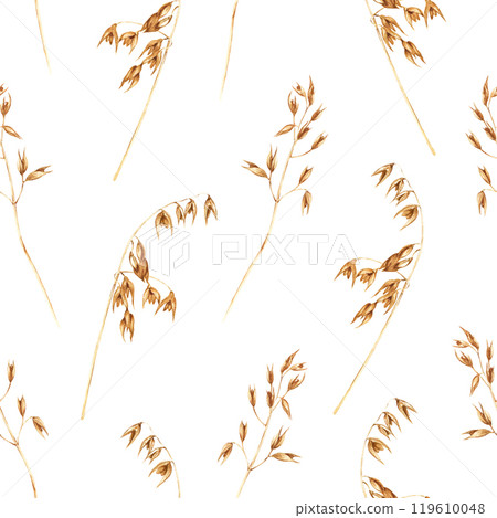Watercolor seamless pattern with oat plants, edible starchy grains, domesticated cereal grass. Hand drawn illustration isolated on white background for wrapping wallpaper fabric textile Watercolor seamless pattern with oat plants, edible starchy grains, domesticated cereal grass. Hand drawn illustration isolated on white background for wrapping wallpaper fabric textile 119610048
