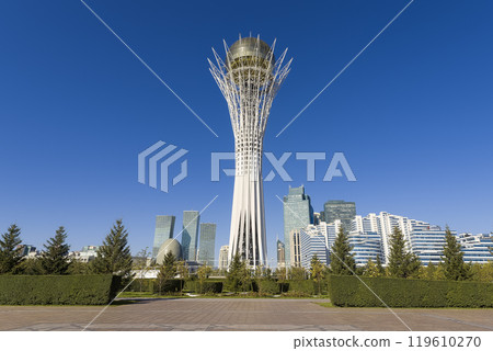 Kazakhstan - Astana, the capital of Kazakhstan, with the blue sky and the city of Bayterek Kazakhstan - Astana, the capital of Kazakhstan, with the blue sky and the city of Bayterek 119610270