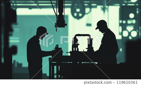 Silhouette landscape illustration of a male employee working silently in a factory Silhouette landscape illustration of a male employee working silently in a factory 119610361