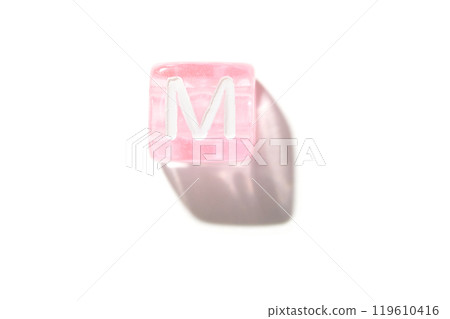 Pink transparent cube with white letter m isolated on clean white background 119610416