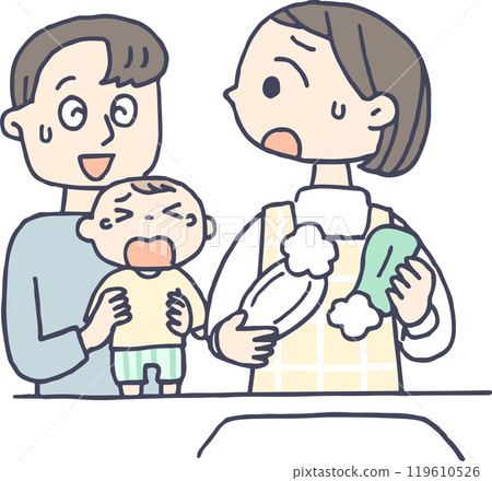 A father who doesn't help with childcare and a mother who is busy doing housework 119610526