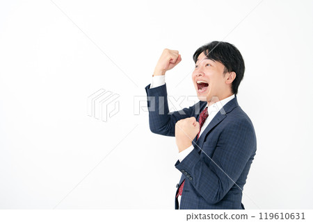 Businessman, male in his 20s, fist pump Businessman, male in his 20s, fist pump 119610631