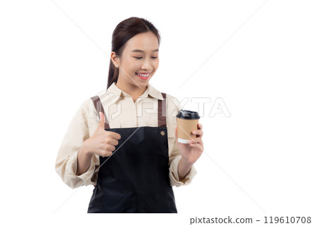 Cheerful young asian woman barista in casual work attire happily holding a takeaway coffee cup. 119610708