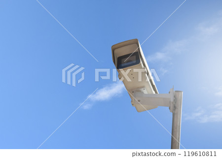 ip cctv camera installed on high pole to do the security by monitoring through mobile phone and computer to save human life and property, soft and selecitve focus. 119610811
