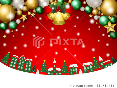 Christmas background, cityscape, ornaments, red, horizontal, snow, cute, illustration Christmas background, cityscape, ornaments, red, horizontal, snow, cute, illustration 119610814