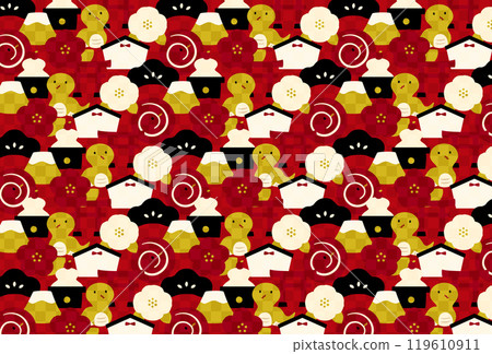 流行蛇和幸運符日本圖案設計紅色背景完美適合 2025 年蛇年新年主題和新年賀卡 119610911