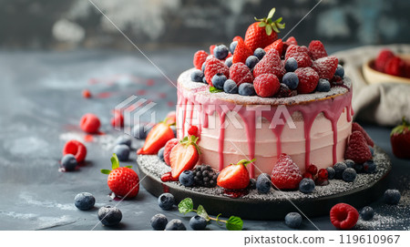 整個蛋糕配有草莓、藍莓和覆盆子 119610967