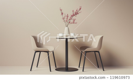 粉紅色花朵和桌椅的自然背景材料 119610973