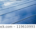closeup photovoltaic panels which installed on the rooftop of the building, concept for storing and using natural power from the sunlight to care about human environment over the world. 119610993