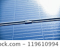 closeup photovoltaic panels which installed on the rooftop of the building, concept for storing and using natural power from the sunlight to care about human environment over the world. 119610994