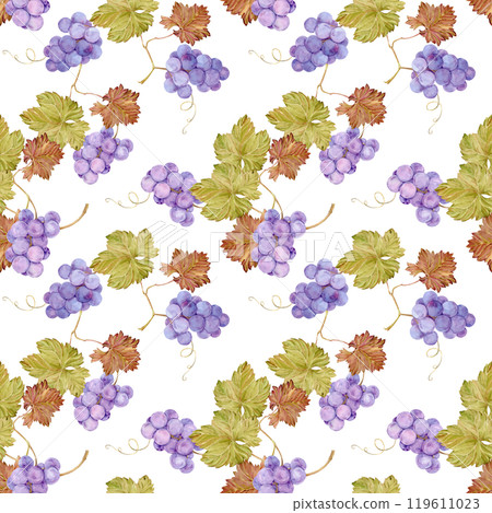 Seamless background with grapevine. Watercolor lilac autumn grape berries and leaves. Illustrations for wine label design, grape juice, restaurant menu and for grape festival decoration. Seamless background with grapevine. Watercolor lilac autumn grape berries and leaves. Illustrations for wine label design, grape juice, restaurant menu and for grape festival decoration. 119611023