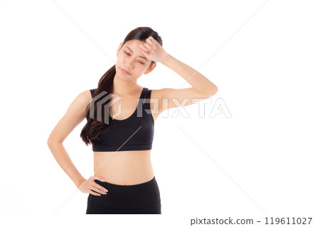 Young asian woman wipe sweat after workout isolated white background. 119611027