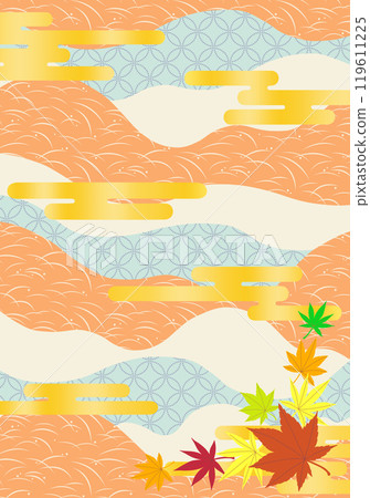 Background illustration material featuring autumn leaves and gold clouds on a Japanese pattern background 119611225