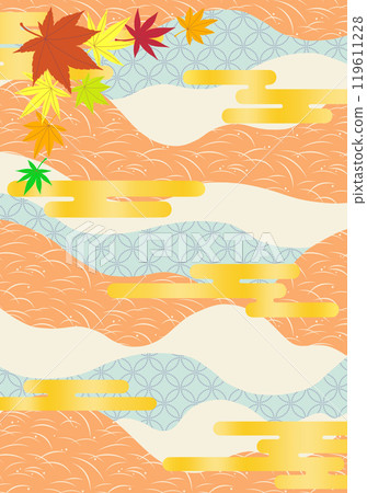 Background illustration material featuring autumn leaves and gold clouds on a Japanese pattern background 119611228