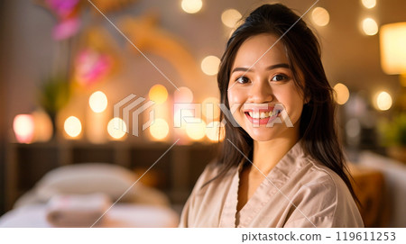 Young woman relaxing at a spa with warm ambient lighting and candles 119611253