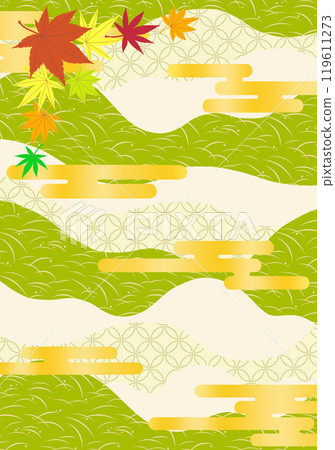 Background illustration material featuring autumn leaves and gold clouds on a Japanese pattern background Background illustration material featuring autumn leaves and gold clouds on a Japanese pattern background 119611273