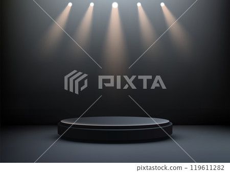 Black Circular Podium with Spotlights for Product Display and Award Ceremonies, 3D Mockup Showcase in Dark Elegant Setting 119611282