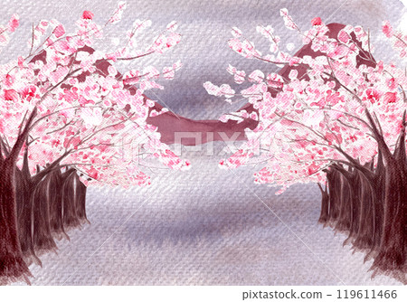 Sakura tree horizontal card on textured granulated purple background with a mountain in the distance. Watercolor hand painted design great for cards, banners, invitations, beauty salons, tourist ads 119611466
