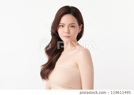 Beautiful young asian woman with clean fresh skin on white background, Face care, Facial treatment, Cosmetology, beauty and spa, Asian women portrait. Beautiful young asian woman with clean fresh skin on white background, Face care, Facial treatment, Cosmetology, beauty and spa, Asian women portrait. 119611495
