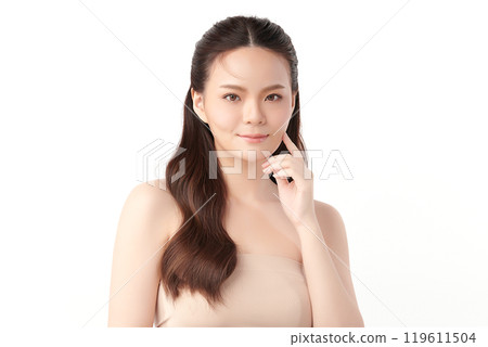 Beautiful young asian woman with clean fresh skin on white background, Face care, Facial treatment, Cosmetology, beauty and spa, Asian women portrait. Beautiful young asian woman with clean fresh skin on white background, Face care, Facial treatment, Cosmetology, beauty and spa, Asian women portrait. 119611504