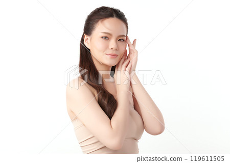 Beautiful young asian woman with clean fresh skin on white background, Face care, Facial treatment, Cosmetology, beauty and spa, Asian women portrait. 119611505