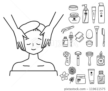 Facial massage and beauty item illustration set line drawing Facial massage and beauty item illustration set line drawing 119611575