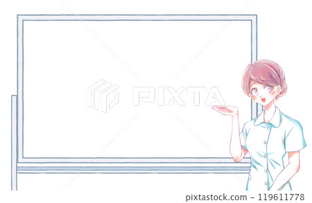 A female nurse giving instructions in front of a whiteboard A female nurse giving instructions in front of a whiteboard 119611778