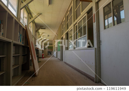 Remains of a corridor in an abandoned elementary school building Remains of a corridor in an abandoned elementary school building 119611949