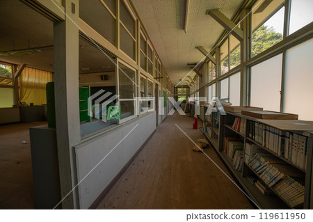 Remains of a corridor in an abandoned elementary school building Remains of a corridor in an abandoned elementary school building 119611950