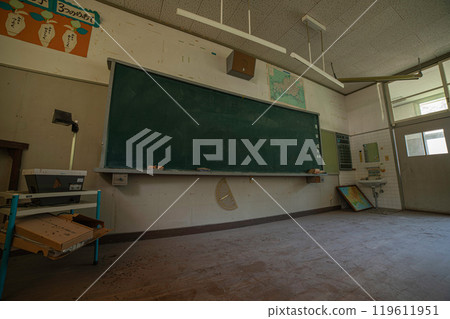 Remains of classrooms in an abandoned elementary school building 119611951