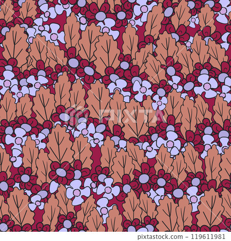 Seamless floral pattern based on traditional folk art ornaments. Colorful flowers on color background. Scandinavian style. Sweden nordic style. Vector illustration. Simple minimalistic pattern 119611981