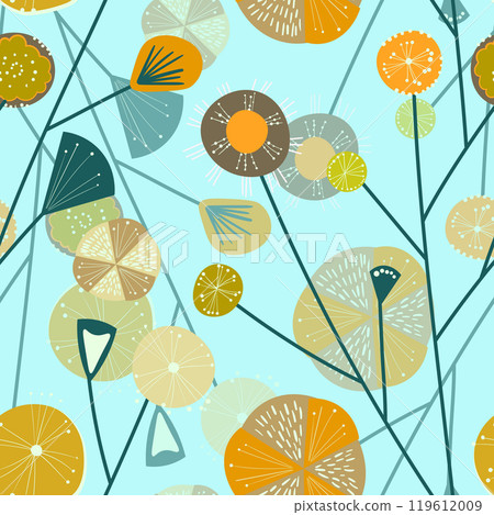 Seamless floral pattern based on traditional folk art ornaments. Colorful flowers on color background. Scandinavian style. Sweden nordic style. Vector illustration. Simple minimalistic pattern 119612009